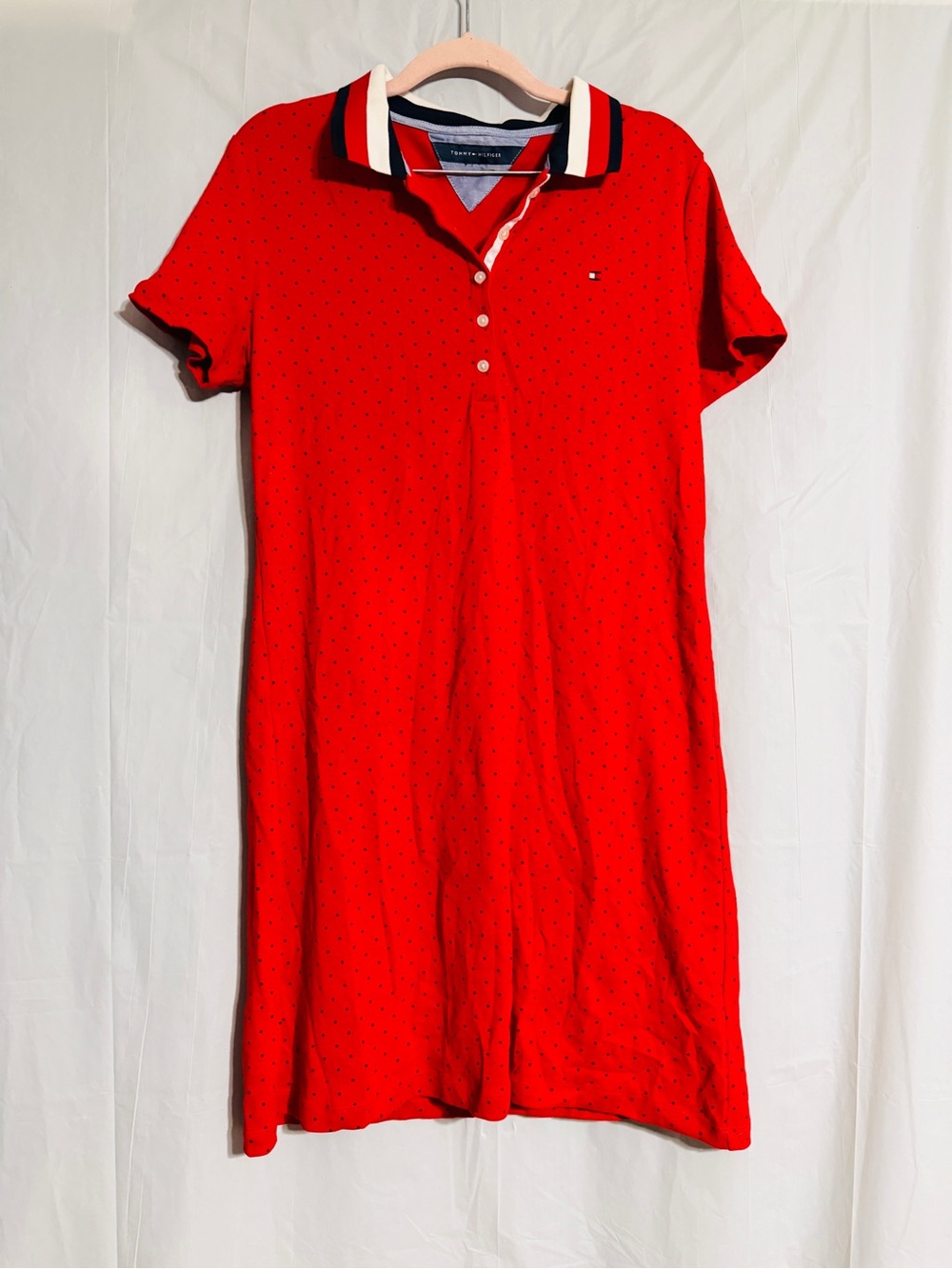 Tommy Hilfiger Women’s Red Polka Dot Polo Shirt Dress Preppy Flag Logo